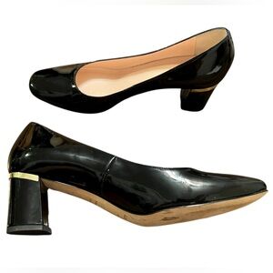 Kate Spade New York Black Patent Leather Pumps Size 7 M Block Heels Gold Accent